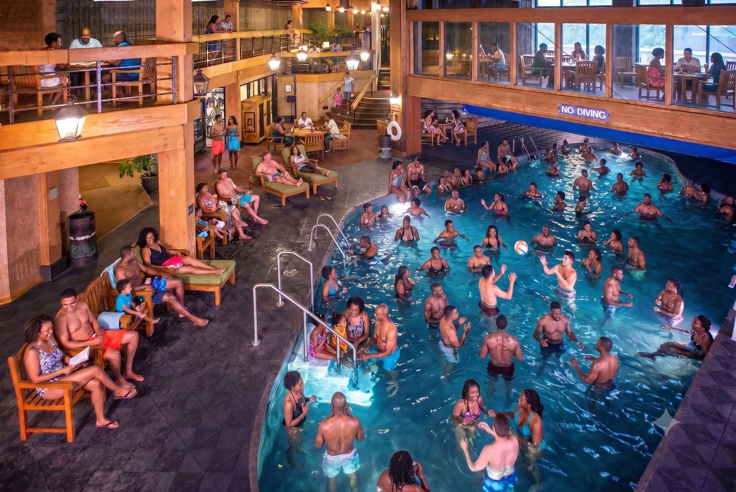 Crowd at an indoor pool party